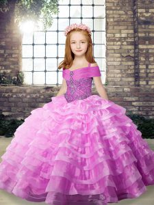 Gorgeous Straps Sleeveless Kids Formal Wear Brush Train Beading and Ruffled Layers Lilac Organza