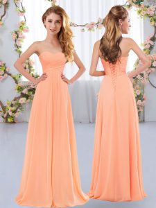 Most Popular Floor Length Lace Up Quinceanera Court Dresses Peach for Wedding Party with Ruching