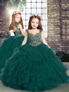 Straps Sleeveless Lace Up Little Girl Pageant Dress Peacock Green Tulle