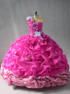 Fuchsia Organza Lace Up Sweet 16 Dress Sleeveless Floor Length Pick Ups and Hand Made Flower