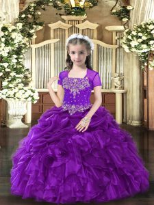 Purple Sleeveless Floor Length Beading and Ruffles Lace Up Kids Pageant Dress