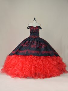 Red And Black Quinceanera Gowns Sweet 16 and Quinceanera with Embroidery and Ruffles Off The Shoulder Sleeveless Brush Train Lace Up