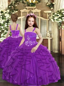 Floor Length Lace Up Little Girl Pageant Dress Purple for Party and Wedding Party with Ruffles