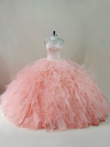 Fantastic Peach Ball Gowns Scoop Sleeveless Tulle Floor Length Lace Up Beading and Ruffles Quinceanera Gown