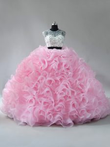 Low Price Baby Pink Sleeveless Brush Train Beading and Ruffles Ball Gown Prom Dress