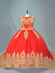 Traditional Red Tulle Lace Up Scoop Sleeveless Quinceanera Gowns Court Train Appliques
