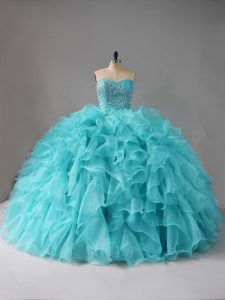 Decent Sweetheart Sleeveless Ball Gown Prom Dress Beading and Ruffles Aqua Blue Organza