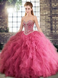 Suitable Watermelon Red Sweetheart Neckline Beading and Ruffles Quinceanera Dress Sleeveless Lace Up