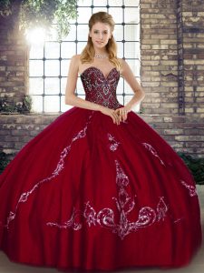 Dynamic Sleeveless Floor Length Beading and Embroidery Lace Up Quince Ball Gowns with Wine Red