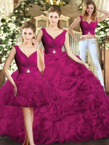 Free and Easy Sleeveless Floor Length Beading Backless Quinceanera Gown with Fuchsia