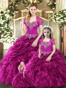 Fuchsia Lace Up Sweet 16 Quinceanera Dress Beading and Ruffles and Pick Ups Sleeveless Floor Length