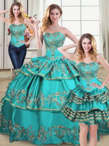 Free and Easy Aqua Blue Sleeveless Floor Length Embroidery and Ruffled Layers Lace Up Quince Ball Gowns