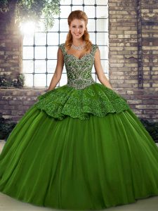 Delicate Green Straps Lace Up Beading and Appliques 15th Birthday Dress Sleeveless