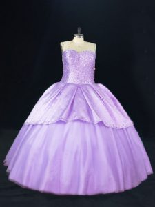 Graceful Lavender Ball Gowns Scoop Sleeveless Satin and Tulle Floor Length Lace Up Beading 15th Birthday Dress