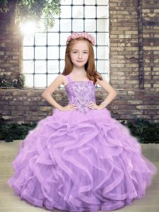 Wonderful Lavender Sleeveless Beading and Ruffles Floor Length Kids Formal Wear