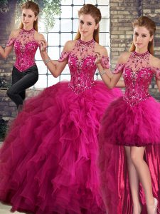 Fuchsia Tulle Lace Up Halter Top Sleeveless Floor Length Ball Gown Prom Dress Beading and Ruffles