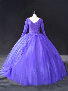 Shining Purple Ball Gowns V-neck Long Sleeves Tulle Floor Length Lace Up Lace and Appliques Vestidos de Quinceanera