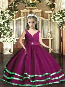 Purple Backless Little Girls Pageant Gowns Beading and Ruching Sleeveless Floor Length