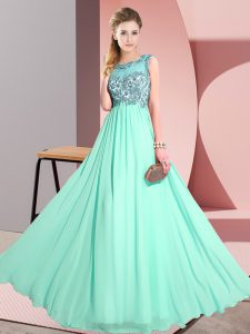 Fashionable Apple Green Sleeveless Floor Length Beading and Appliques Backless Quinceanera Court of Honor Dress