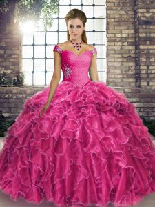 Top Selling Fuchsia Lace Up Off The Shoulder Beading and Ruffles Sweet 16 Dresses Organza Sleeveless Brush Train