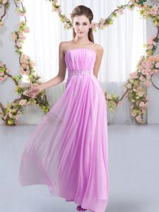 Adorable Lilac Lace Up Strapless Beading Quinceanera Court Dresses Chiffon Sleeveless Sweep Train