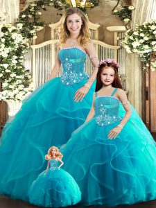 Adorable Aqua Blue Strapless Neckline Beading and Ruffles Quinceanera Dress Sleeveless Lace Up