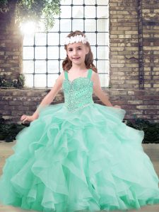 Sleeveless Tulle Floor Length Lace Up Pageant Dress Womens in Apple Green with Beading and Ruffles