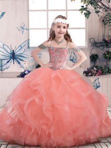 Sleeveless Tulle Floor Length Lace Up High School Pageant Dress in Watermelon Red with Beading and Ruffles