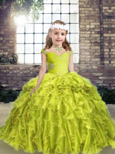 Yellow Green Straps Neckline Beading and Ruffles Pageant Dress for Teens Sleeveless Lace Up
