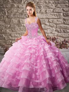 Romantic Sleeveless Organza Floor Length Court Train Lace Up Vestidos de Quinceanera in Pink with Beading and Ruffled Layers