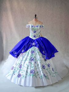 Blue And White Quince Ball Gowns Sweet 16 and Quinceanera with Embroidery and Ruffles Off The Shoulder Sleeveless Lace Up