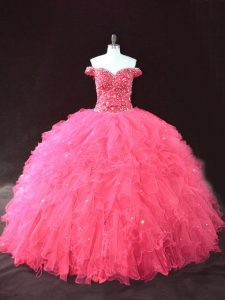 High End Hot Pink Ball Gowns Off The Shoulder Sleeveless Tulle Floor Length Lace Up Beading and Ruffles Vestidos de Quinceanera