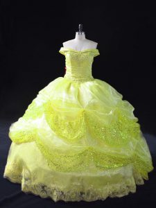 Yellow Green Ball Gowns Lace and Sequins 15th Birthday Dress Lace Up Organza Sleeveless Floor Length