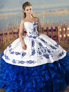 Artistic Blue And White Organza Lace Up Sweet 16 Dress Sleeveless Floor Length Embroidery and Ruffles