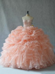 Most Popular Peach Ball Gowns Strapless Sleeveless Organza Floor Length Lace Up Beading and Ruffles Quinceanera Dresses