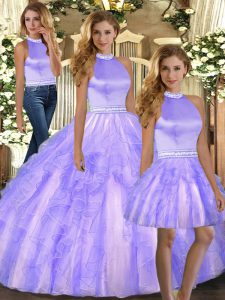 Designer Lavender Backless Quince Ball Gowns Beading and Ruffles Sleeveless Floor Length