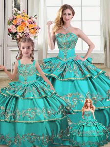 Wonderful Aqua Blue Sleeveless Floor Length Embroidery and Ruffled Layers Lace Up Vestidos de Quinceanera