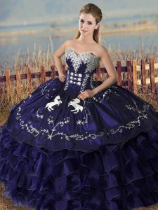 Ideal Floor Length Purple Quinceanera Gown Organza Sleeveless Embroidery and Ruffles
