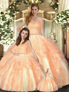 Orange Sleeveless Floor Length Beading and Ruffles Lace Up Quinceanera Gown