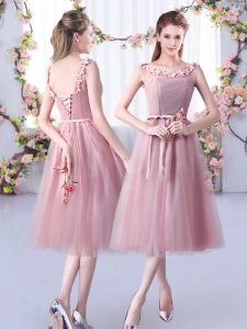 Luxurious Pink Sleeveless Appliques and Belt Tea Length Quinceanera Dama Dress