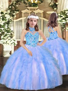 Enchanting Sleeveless Floor Length Appliques and Ruffles Lace Up Pageant Dress for Teens with Blue