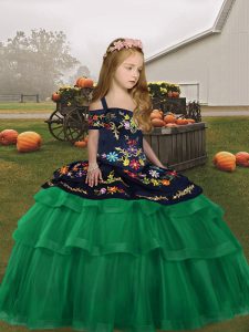 Best Green Girls Pageant Dresses Party and Wedding Party with Embroidery and Ruffled Layers Straps Sleeveless Lace Up