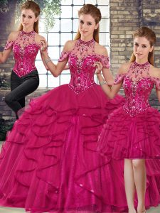 Cheap Fuchsia Tulle Lace Up Sweet 16 Dresses Sleeveless Floor Length Beading and Ruffles