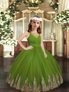 Olive Green Tulle Zipper Pageant Dress for Womens Sleeveless Floor Length Appliques