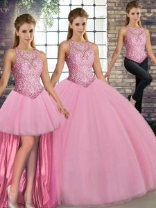 Floor Length Lace Up 15th Birthday Dress Pink for Military Ball and Sweet 16 and Quinceanera with Embroidery