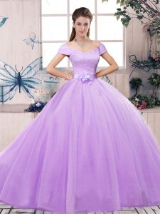 Short Sleeves Tulle Floor Length Lace Up Quinceanera Gown in Lavender with Lace and Hand Made Flower