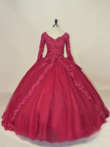 Lovely Lace and Appliques Casual Dresses Red Lace Up Long Sleeves Floor Length