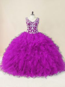 Free and Easy Fuchsia Ball Gowns V-neck Sleeveless Tulle Floor Length Backless Beading 15 Quinceanera Dress