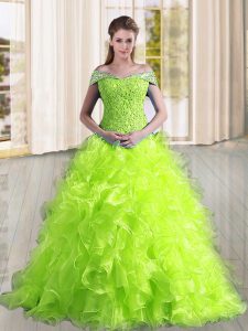 Yellow Green Ball Gown Prom Dress Organza Sweep Train Sleeveless Beading and Lace and Ruffles