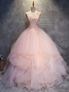 Luxury Floor Length Pink Sweet 16 Dresses Scoop Sleeveless Lace Up